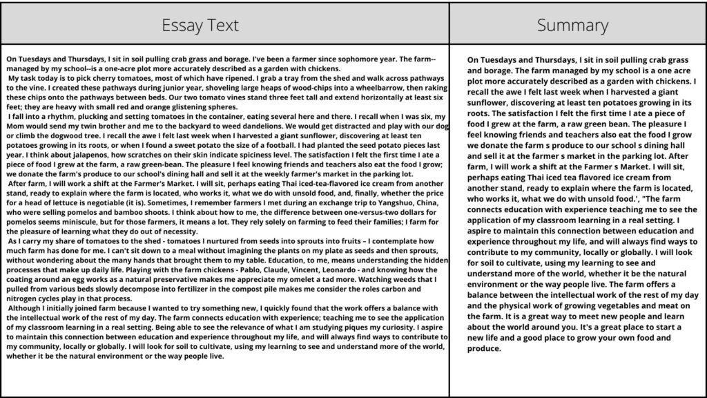 Essay content of more than 650 words being condensed into 300 words using Text Summarizer model. An instance where the essay word count is reduced.
 