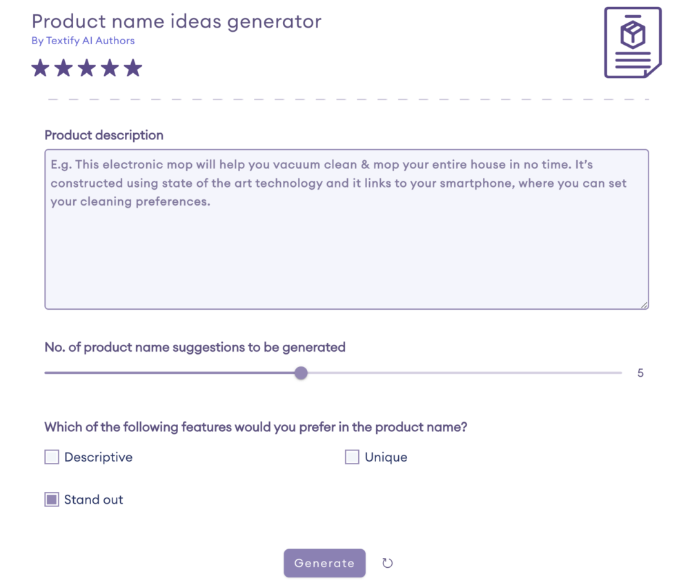 Product Name Ideas Generator TEXTIFY