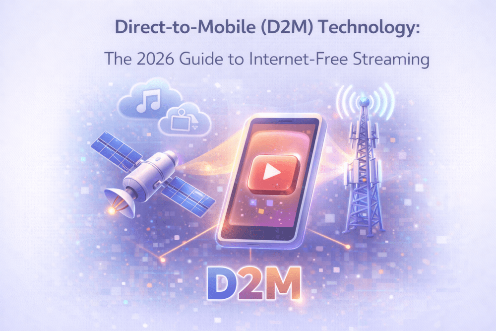 Illustration showing Direct-to-Mobile technology with a smartphone receiving video content from satellites and broadcast towers without internet