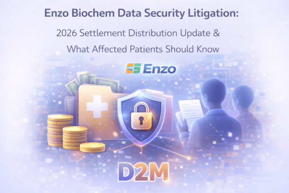 Illustration showing protected medical records, a security shield, settlement funds, and affected patients related to Enzo Biochem data security litigation
