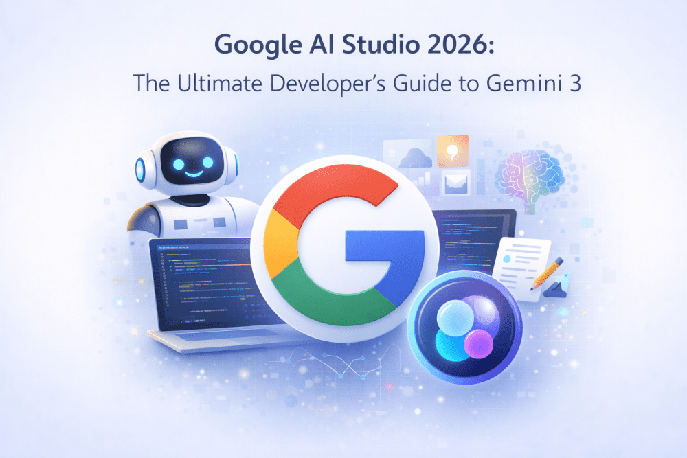 Illustration featuring Google AI Studio, Gemini model, coding environment, and AI assistant