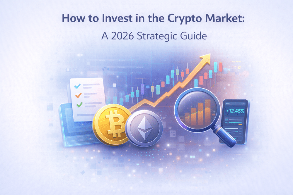 Illustration of cryptocurrency investing in 2026 showing Bitcoin and Ethereum coins, a rising market chart, and portfolio analysis tools