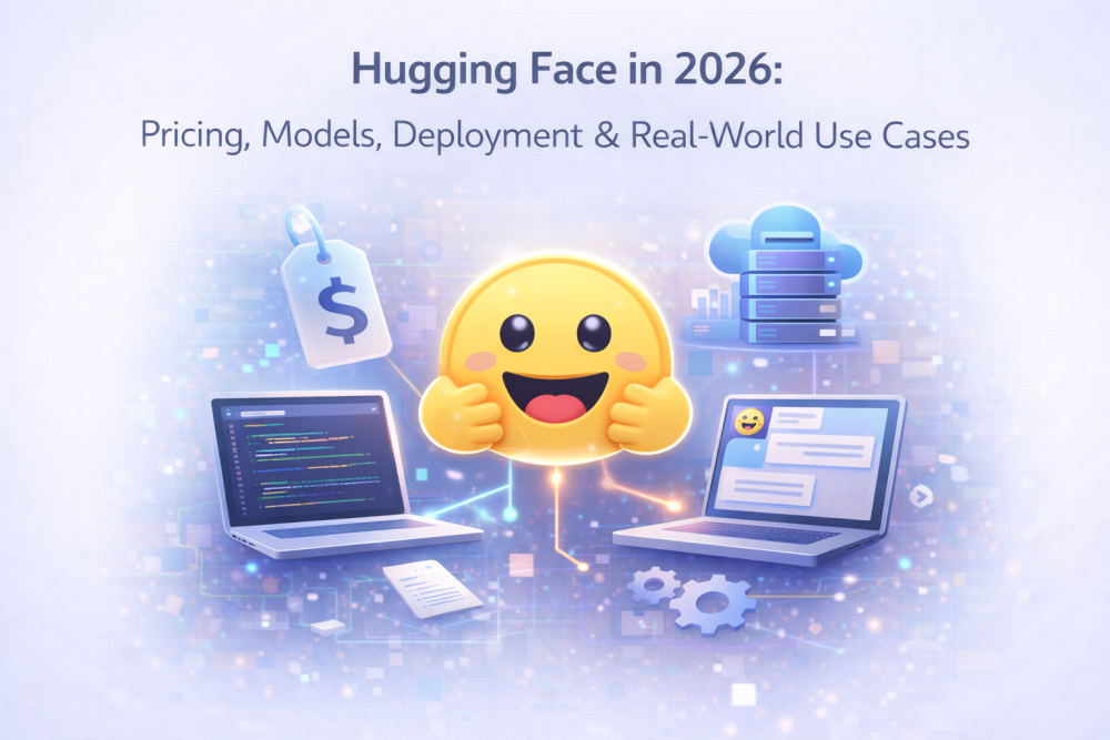 Illustration showing Hugging Face platform concepts with pricing tags, machine learning models, deployment servers, and real-world AI applications