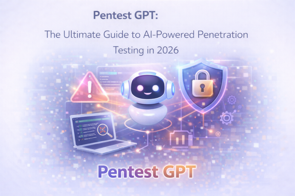 Illustration of an AI cybersecurity assistant with vulnerability alerts, code analysis, and security shields representing AI-powered penetration testing