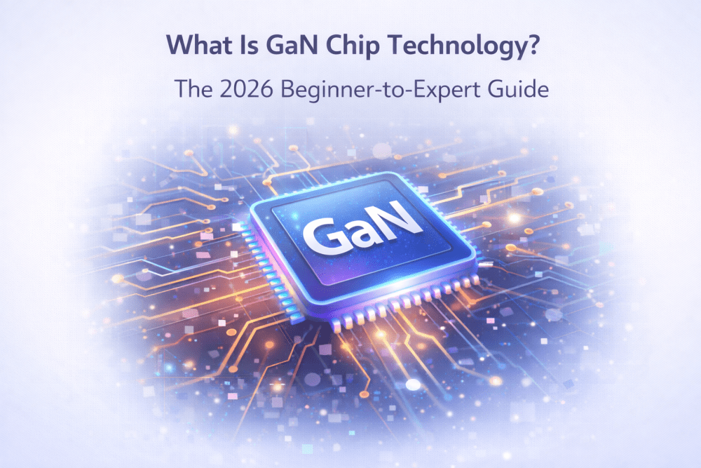 Illustration of a glowing Gallium Nitride (GaN) semiconductor chip on a circuit board representing modern power electronics technology
