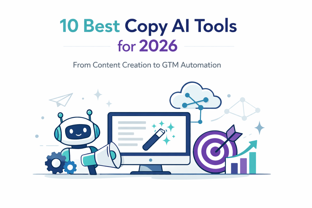 Minimalistic illustration of AI copywriting tools dashboard with robot, content editor screen, and GTM automation icons on a clean white background.