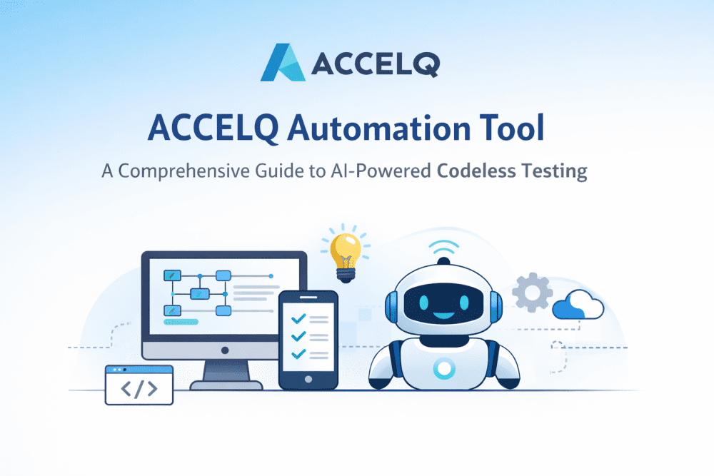 ACCELQ automation tool dashboard with AI robot illustrating codeless test automation and AI-powered testing platform