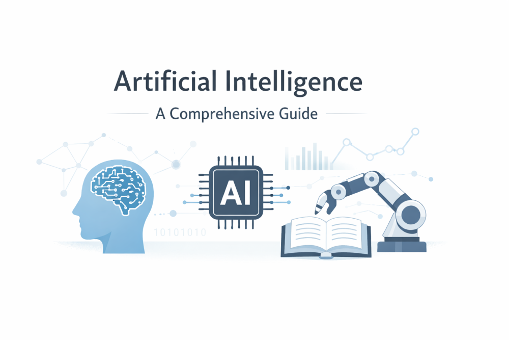 Minimalist cover illustration of artificial intelligence showing AI chip, neural network brain, robotic arm, and book on white background