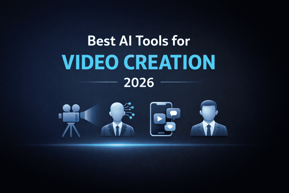 Minimal dark-themed cover image with the text “Best AI Tools for Video Creation 2026” and simple AI video icons representing camera, avatar, mobile video, and automation.