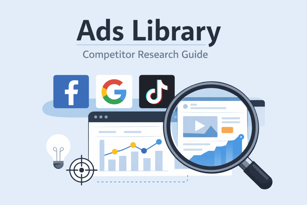Ads Library competitor research showing Facebook, Google, and TikTok ads analysis