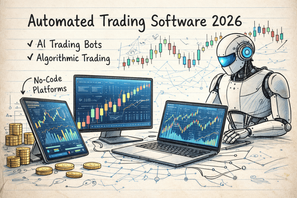 Notebook-style illustration explaining automated trading software with AI algorithms, charts, and system workflow