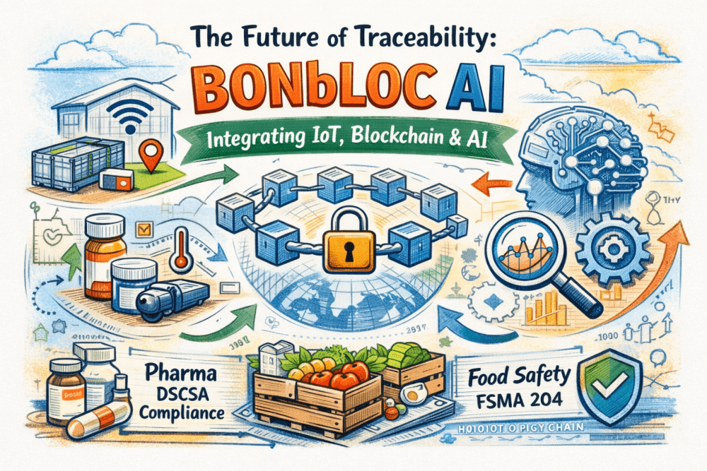 Illustration showing BONbLOC AI integrating IoT, blockchain, and artificial intelligence for supply chain traceability, DSCSA pharma compliance, and FSMA 204 food safety monitoring.