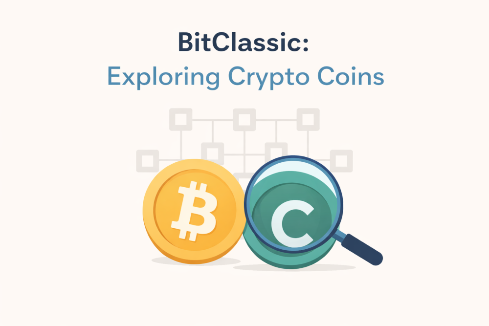 Minimalistic featured image showing Bitcoin and a generic crypto coin with a magnifying glass, representing BitClassic and crypto exploration.