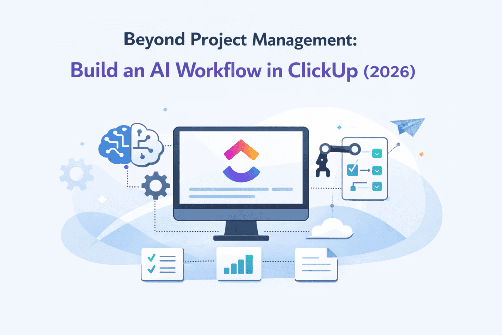 Minimalistic illustration of a ClickUp AI workflow dashboard with automation icons, task boards, and analytics elements on a clean background.