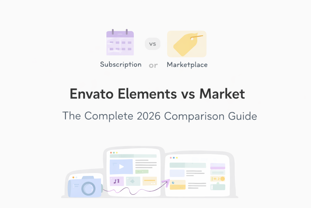 Envato Elements vs Market 2026 comparison cover showing subscription vs marketplace model