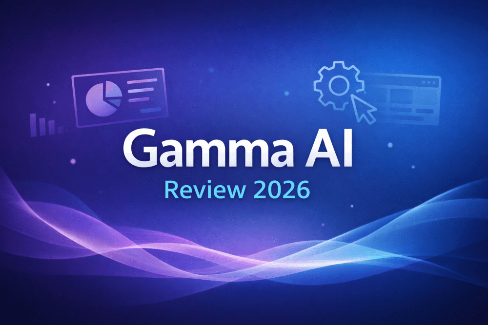 Minimal blue gradient cover image with the text “Gamma AI Review 2026” and abstract presentation and AI icons.