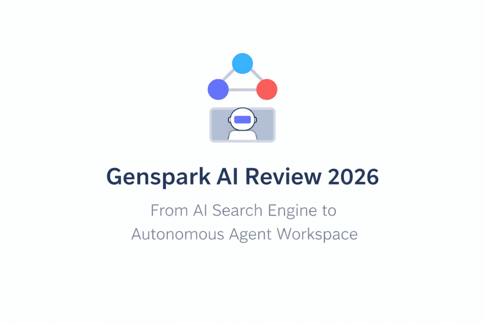 Minimalist cover image for Genspark AI Review 2026 featuring connected AI agent nodes and clean white background