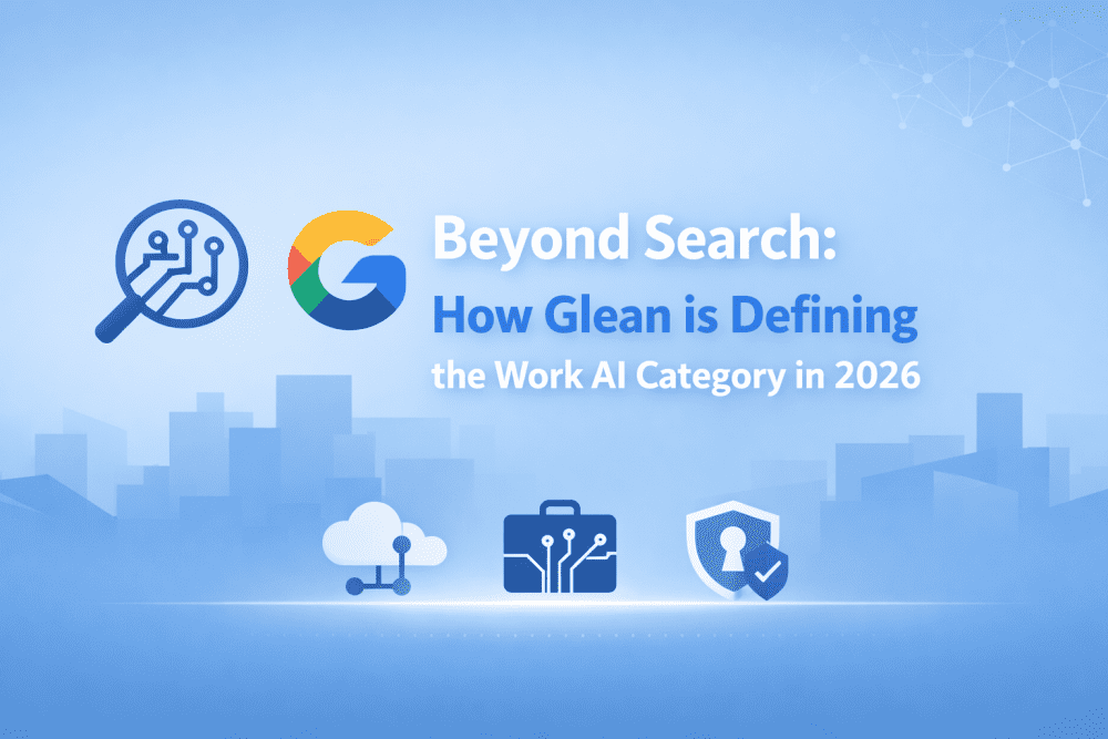 Minimal blue cover image with magnifying glass AI icon and abstract enterprise dashboard representing AI-powered enterprise search.