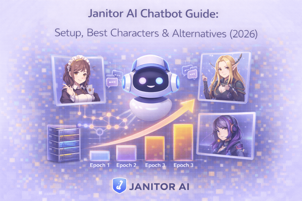 Illustration of a Janitor AI chatbot with multiple anime-style characters displayed in chat windows representing setup, character selection, and chatbot alternatives