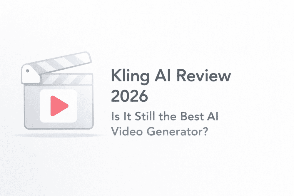 Minimalistic cover image for Kling AI Review 2026 featuring a clapperboard icon with a play button and clean typography on a light background.