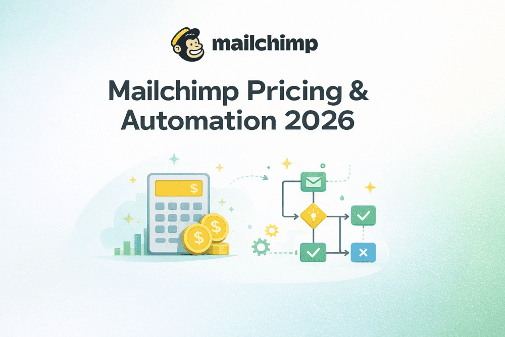 Mailchimp pricing 2026 cover image showing email automation workflow and pricing illustration