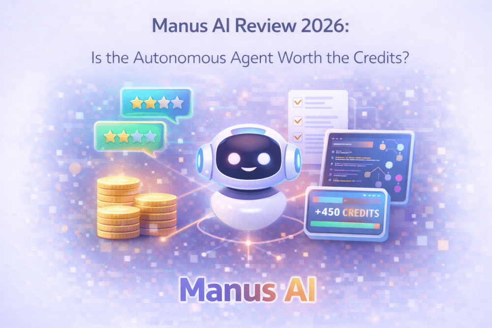 Illustration of an autonomous AI agent with task dashboards, rating stars, and credit tokens representing Manus AI pricing and performance review