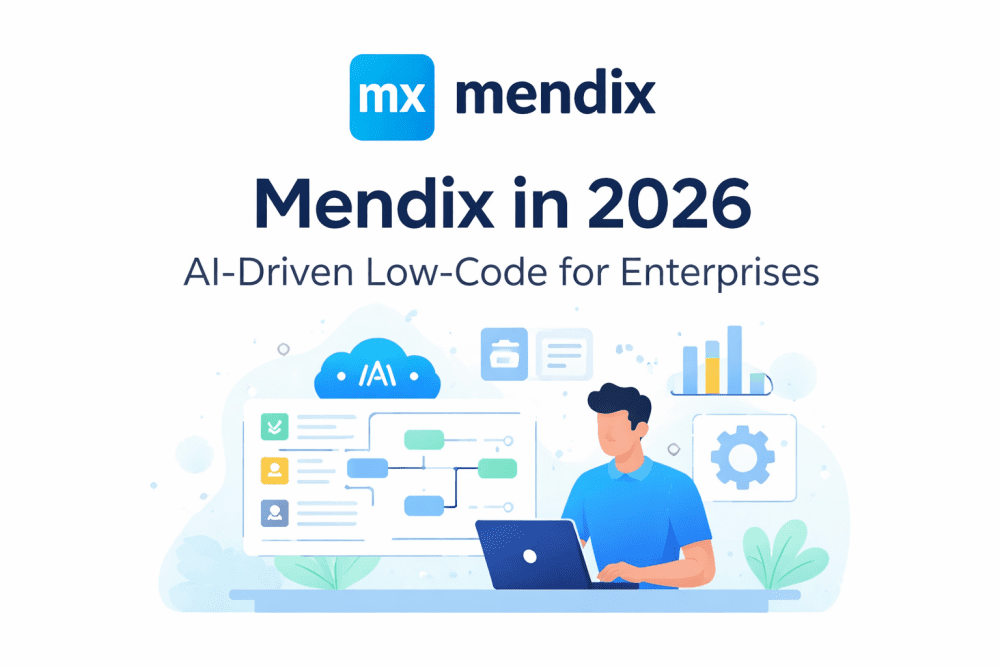 Mendix low-code platform dashboard with AI-driven development interface and enterprise app workflow illustration