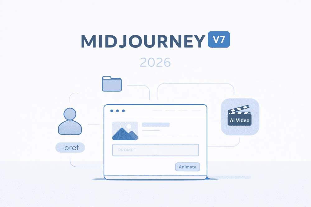 Minimalist blue and white illustration of Midjourney V7 Web UI showing prompt box, Omni Reference feature, and AI video animation workflow (2026 guide cover)
