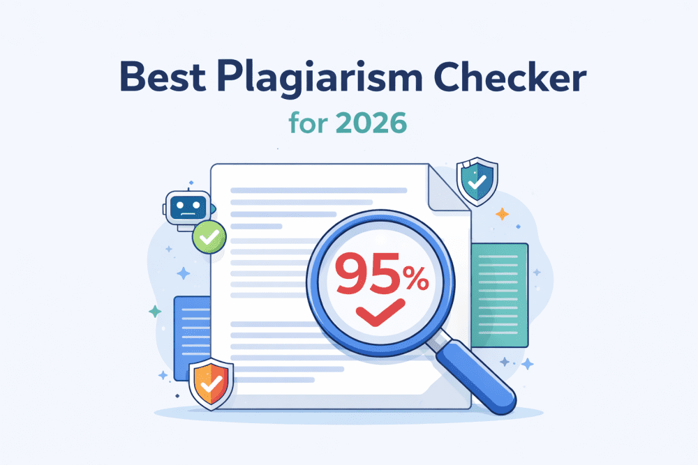 Minimalistic landscape illustration showing a document with a magnifying glass and originality score representing the best plagiarism checker for 2026 with AI detection and data privacy.