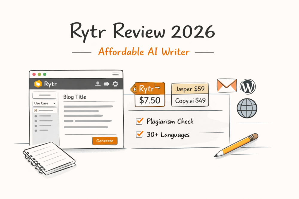 Minimal illustration of Rytr AI writing dashboard with pricing comparison and plagiarism check features