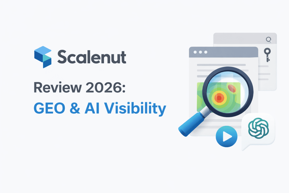 Minimalist Scalenut Review 2026 cover image featuring GEO and AI visibility concept with magnifying glass and heatmap on white background.