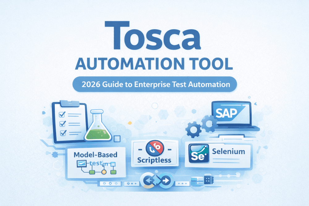 Tosca automation tool cover image showing AI-powered scriptless testing, SAP integration, and model-based automation concepts in a blue tech theme.