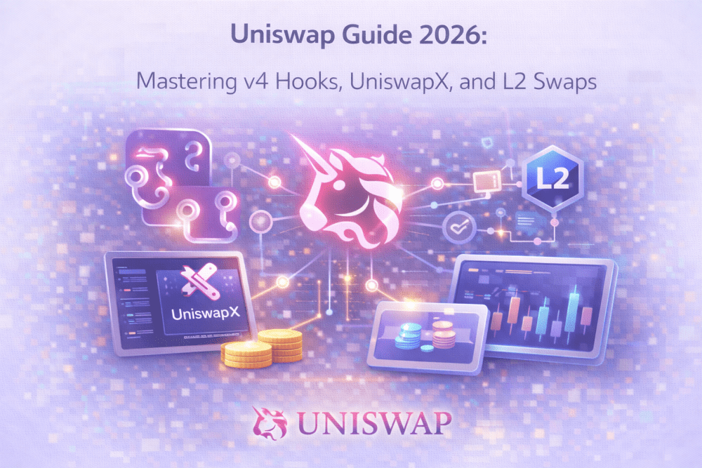 Illustration of the Uniswap ecosystem showing v4 hooks, UniswapX routing, and Layer 2 swaps with liquidity charts and DeFi interfaces