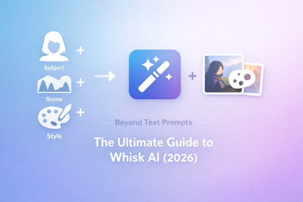 Minimalistic cover image showing Subject + Scene + Style workflow concept for Whisk AI 2026 guide