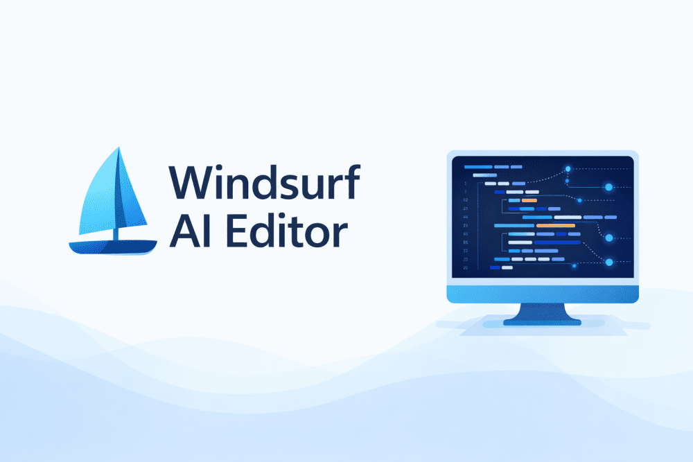 Minimal blue-themed illustration showing a sailboat icon and a computer monitor displaying AI-generated code representing the Windsurf AI Editor.