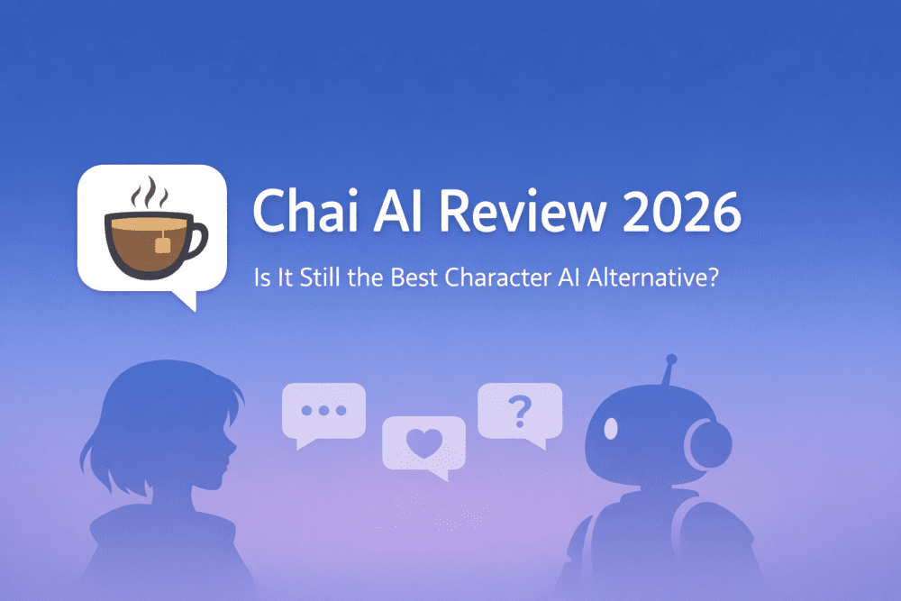 Minimalistic Chai AI Review 2026 cover image with chai cup icon and chatbot conversation theme
