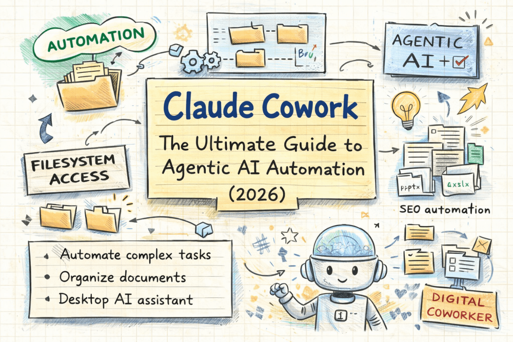 Handwritten notes-style illustration explaining Claude Cowork and agentic AI automation with folders, workflows, and a digital coworker