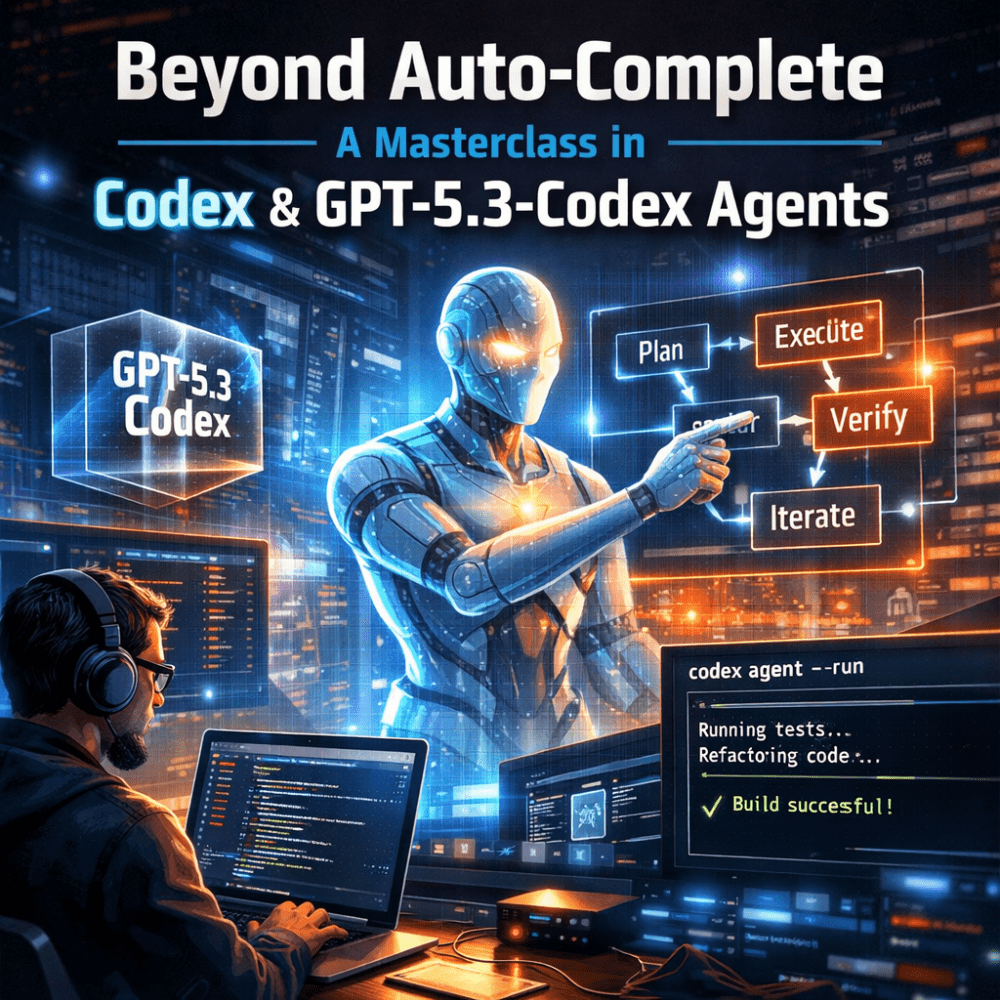 Illustration showing GPT-5.3 Codex as an AI coding agent planning, executing, verifying, and iterating code alongside a developer using terminal automation.