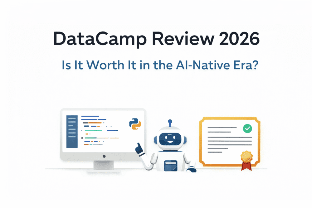 DataCamp Review 2026 cover image showing AI robot, coding screen, and certificate on a minimal white background