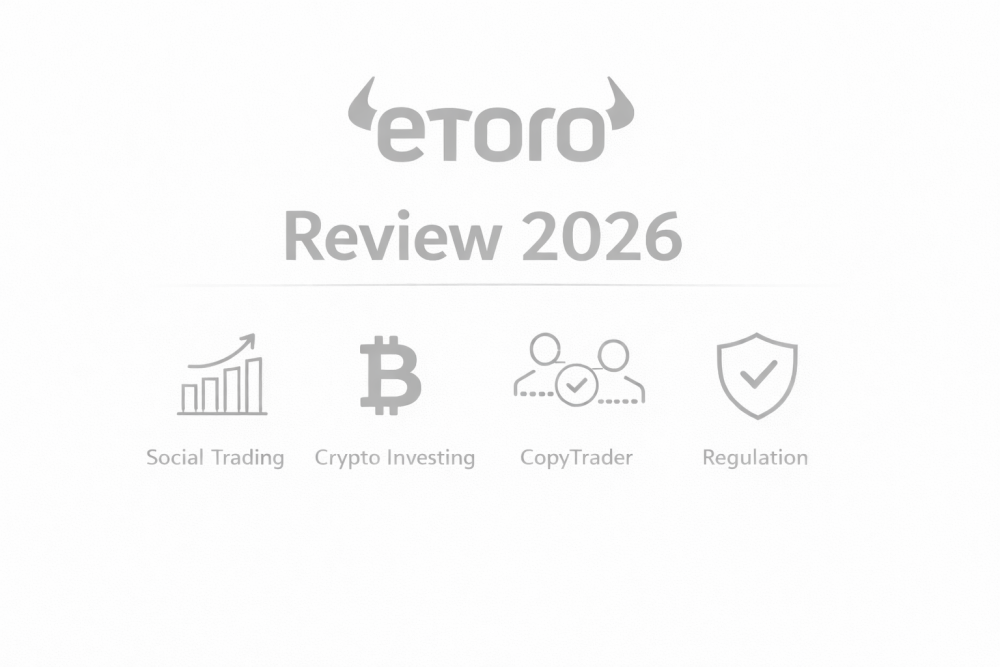 eToro Review 2026 white minimalist cover image with social trading, crypto, CopyTrader and regulation icons