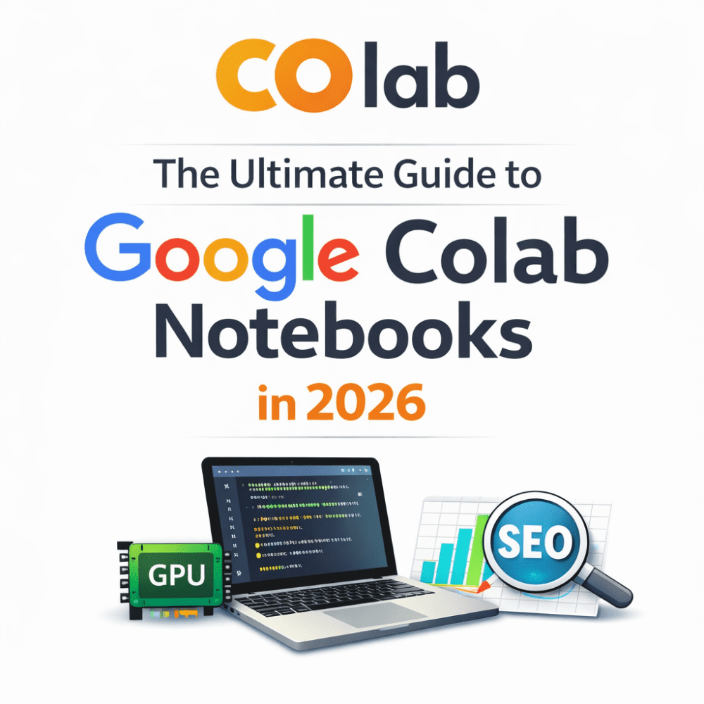 Minimal cover illustration showing Google Colab notebook with Python code, GPU support, and SEO automation concept in 2026