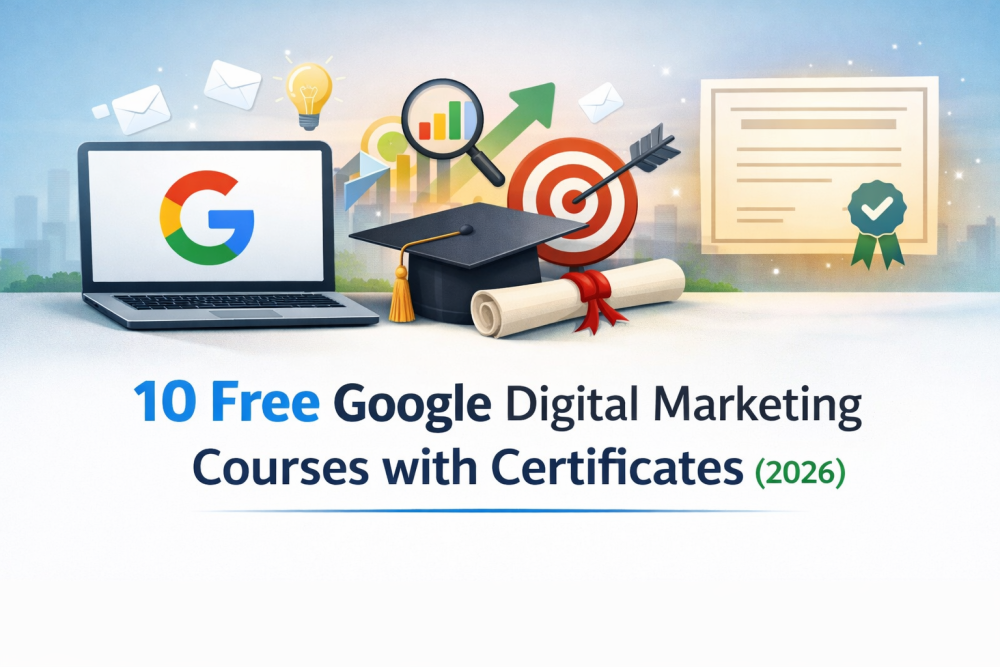 Laptop displaying Google logo with digital marketing icons and certificate illustration representing free Google digital marketing courses with certificates (2026)