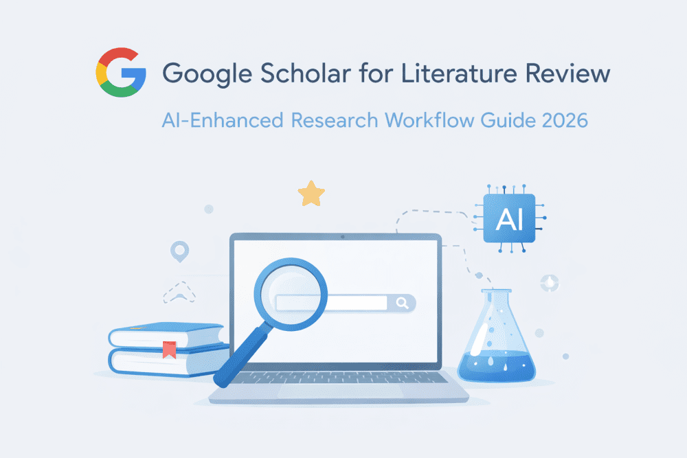 Minimalist cover image showing Google Scholar literature review concept with laptop search screen, books, magnifying glass, and AI chip icon on a light background.