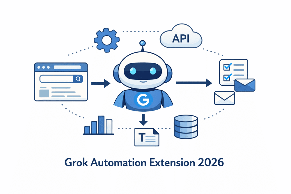 Minimalistic illustration of a Grok automation extension showing an AI agent connected to browser, API, email, and workflow tools.