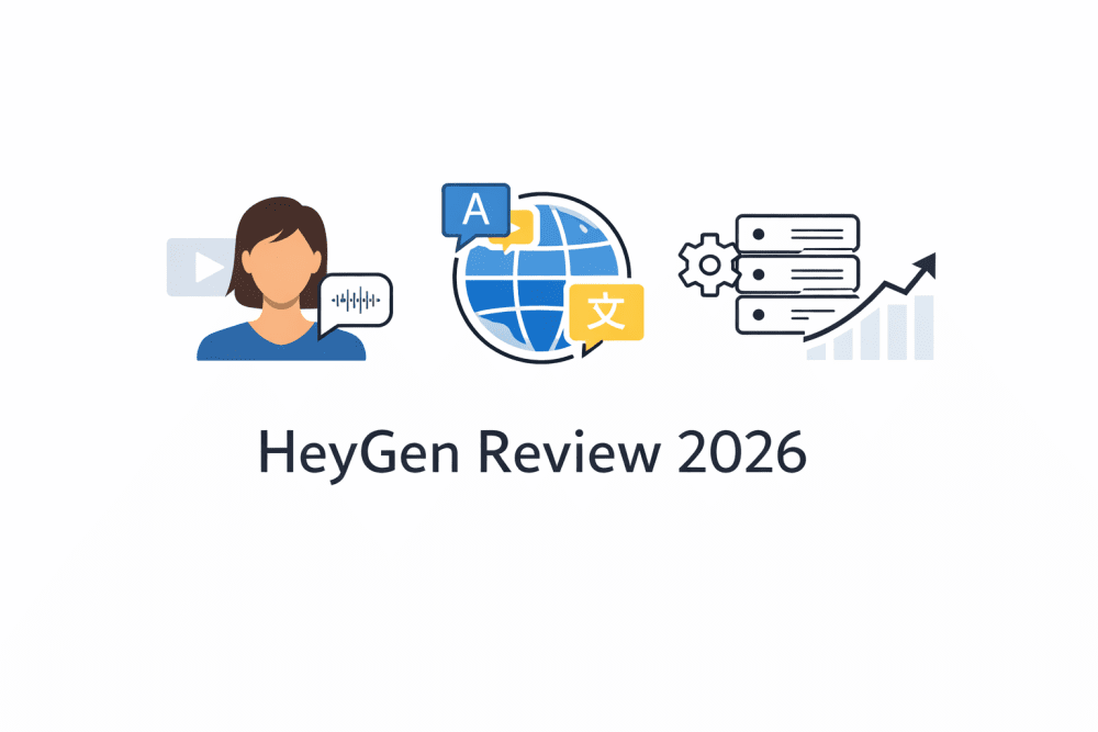 Minimalistic illustration showing an AI avatar, multilingual globe icons, and enterprise automation graphics for HeyGen Review 2026.