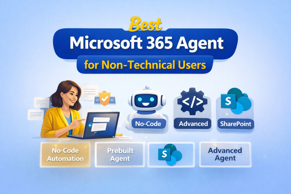 Minimalist cover design with the title “Best Microsoft 365 Agent for Non-Technical Users” and simple Microsoft 365 agent category labels.