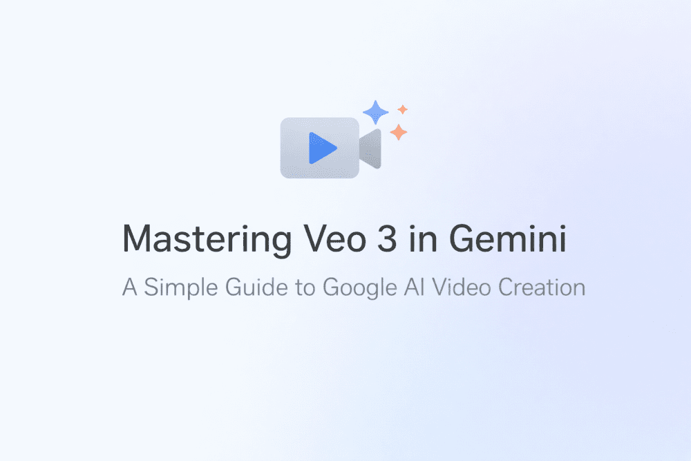 Minimalistic cover image with AI video camera icon and title “Mastering Veo 3 in Gemini – A Simple Guide to Google AI Video Creation”