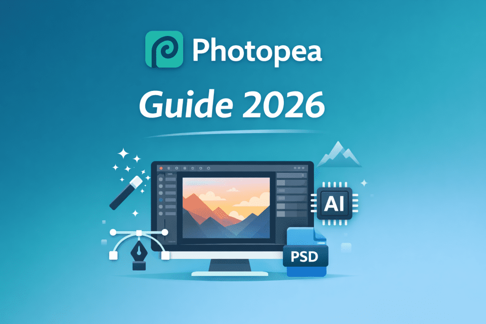 Minimalistic cover image showing Photopea interface with AI tools, PSD file icon, and “Guide 2026” text on a blue gradient background.