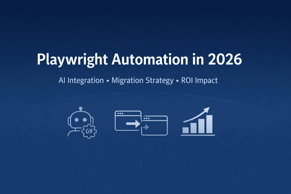 Playwright Automation 2026 cover image showing AI integration, migration strategy, and ROI impact in minimal blue design