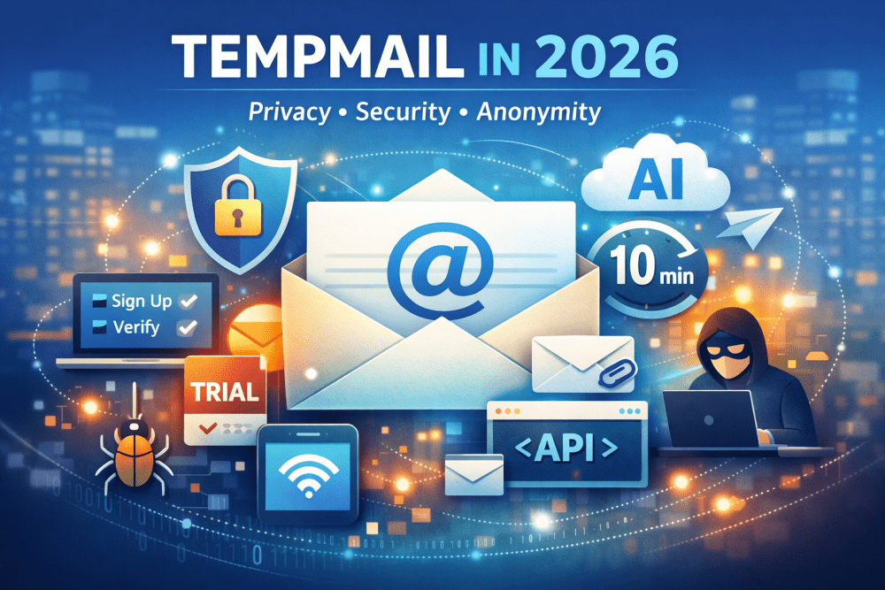 “Tempmail in 2026 showing a temporary email inbox with privacy, security, and anonymity icons”